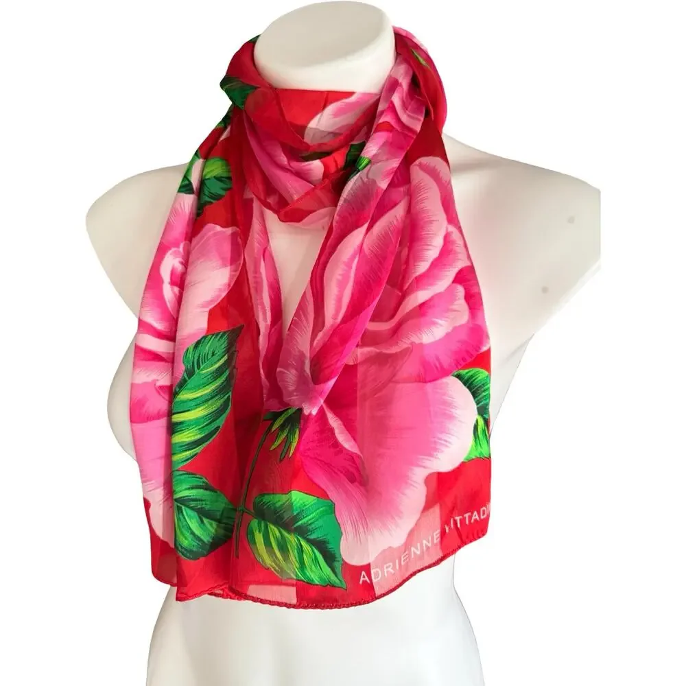 Vintage Adrienne Vittadini Silk Chiffon Scarf 1990s Rink Red Rose Floral 10x52